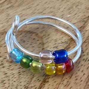 Colorful Beaded Silvertone Ring NEW rainbow delicate ring size 7